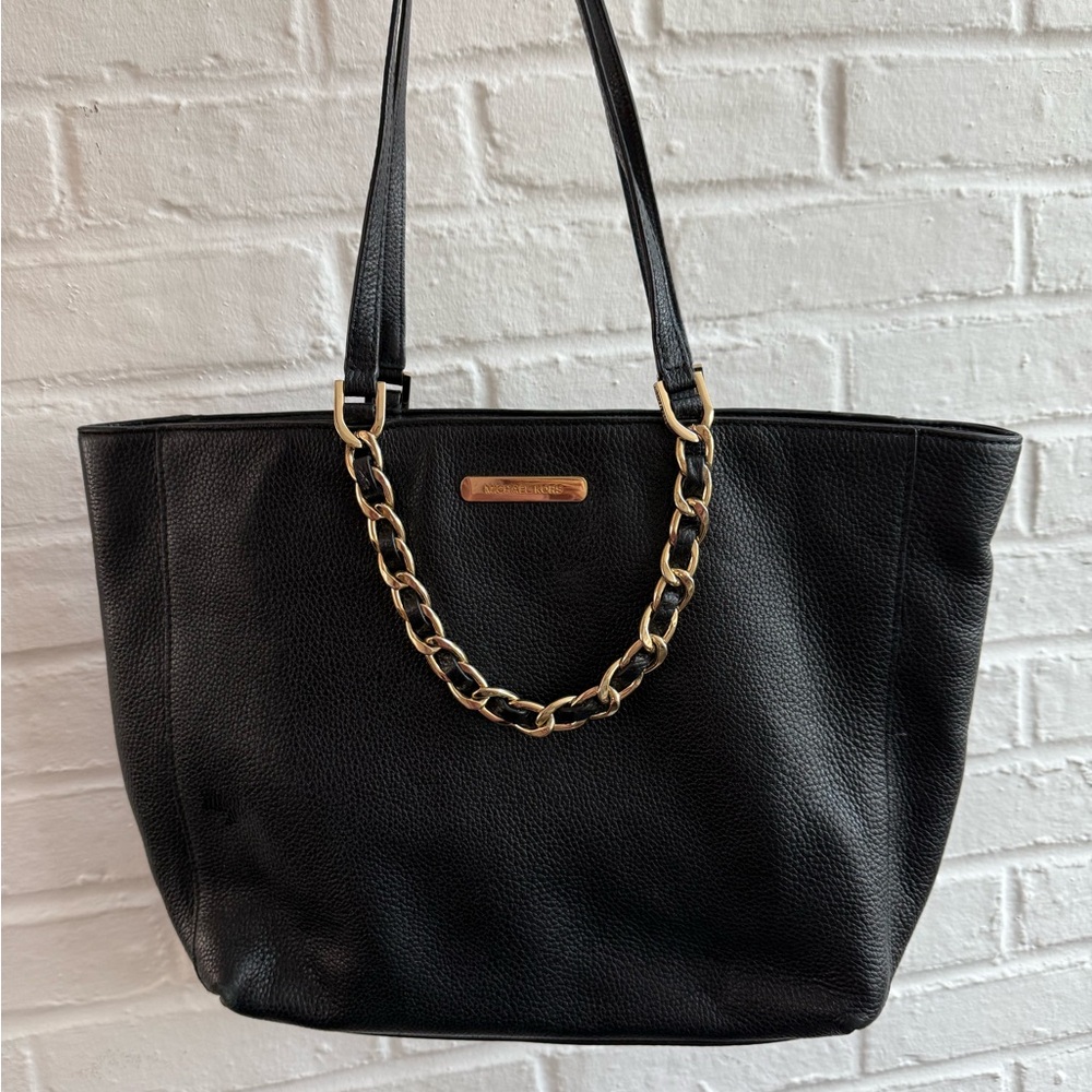 Michael Kors Black Leather Tote Bag with Gold Chain